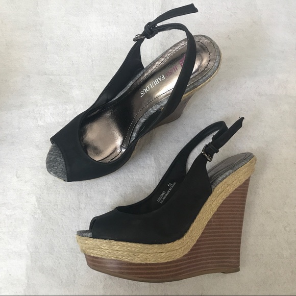 Black leather Peeptoe platform jute rope wedges - Picture 1 of 5